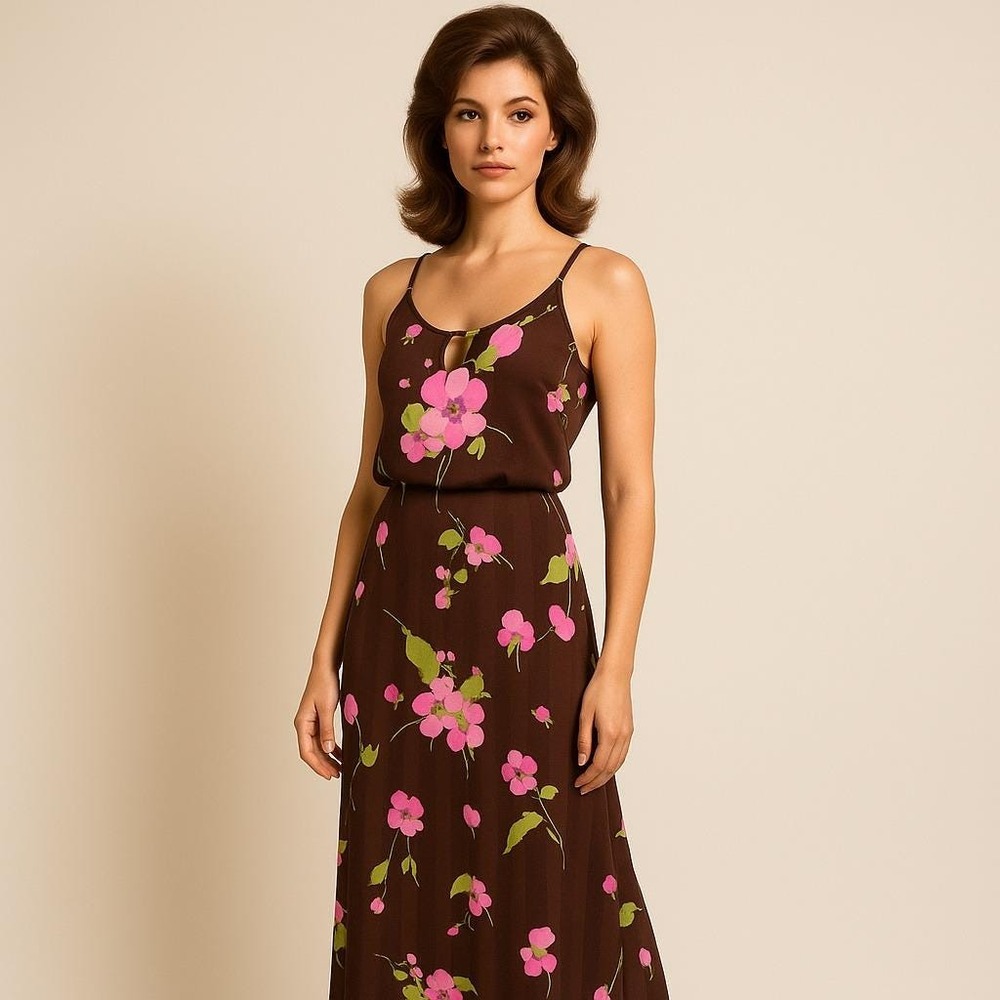 Vintage 70s 80s‎ Brown Floral Maxi Dress Scuba Polyester Slip Disco Boho M